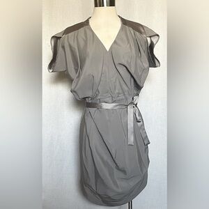 Obakki Gray Mini Wrap Dress with V-Neck and Flutter Sleeves
